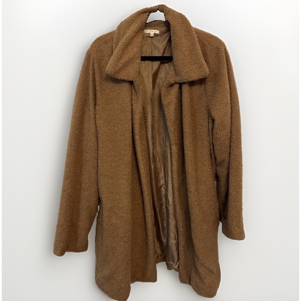 Kate & Sam Faux Fur Teddy Bear Coat Brown Shearling Open Front Midi Jacket XL